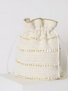 Beach Cream Beaded Bucket Bag White